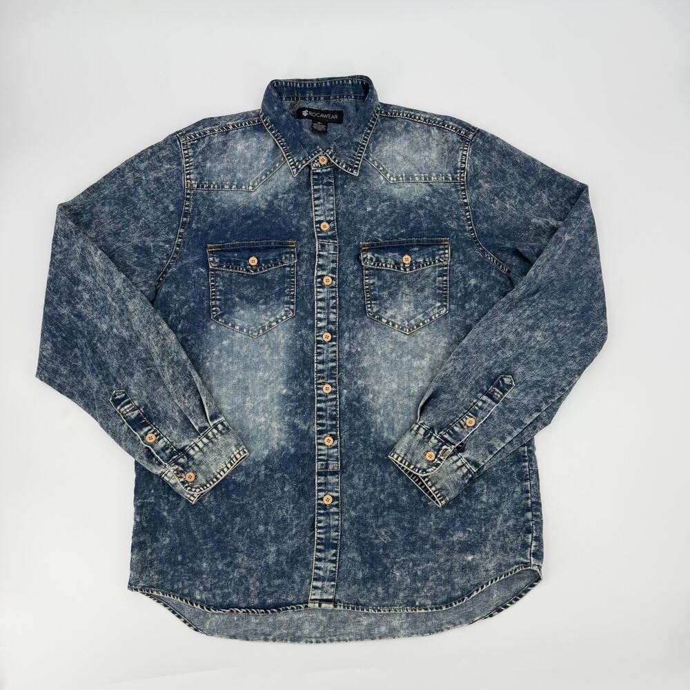 Rocawear Denim Shirt Mens XL Acid Wash Western Button Up Long Sleeve Blue